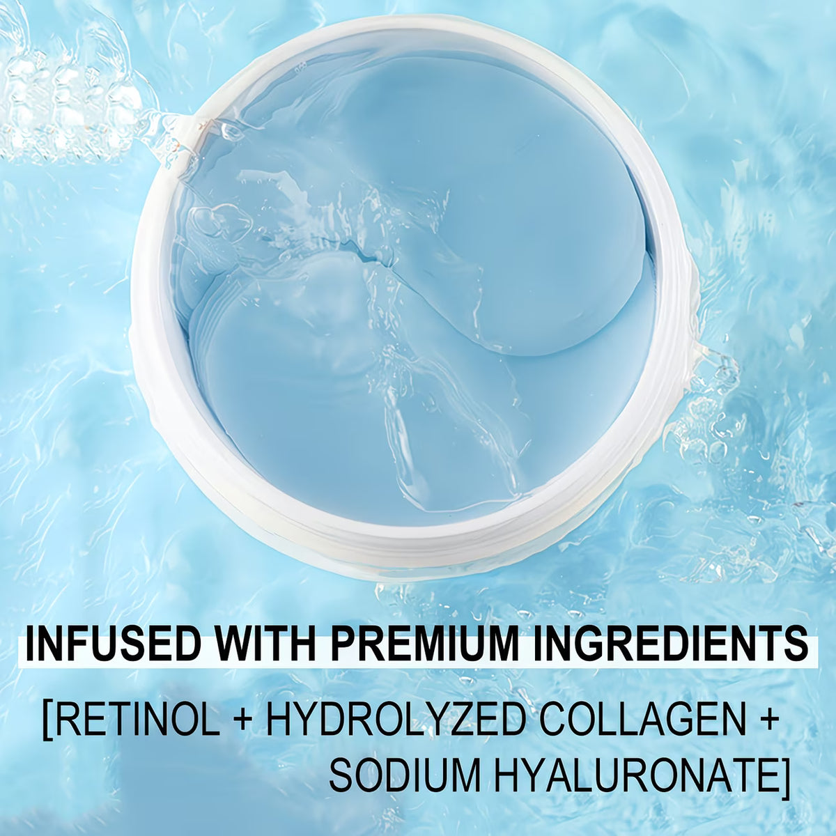 Open Under Eye Mask jar submerged in water, infused with premium ingredients Retinol, Hydrolyzed Collagen, and Sodium Hyaluronate