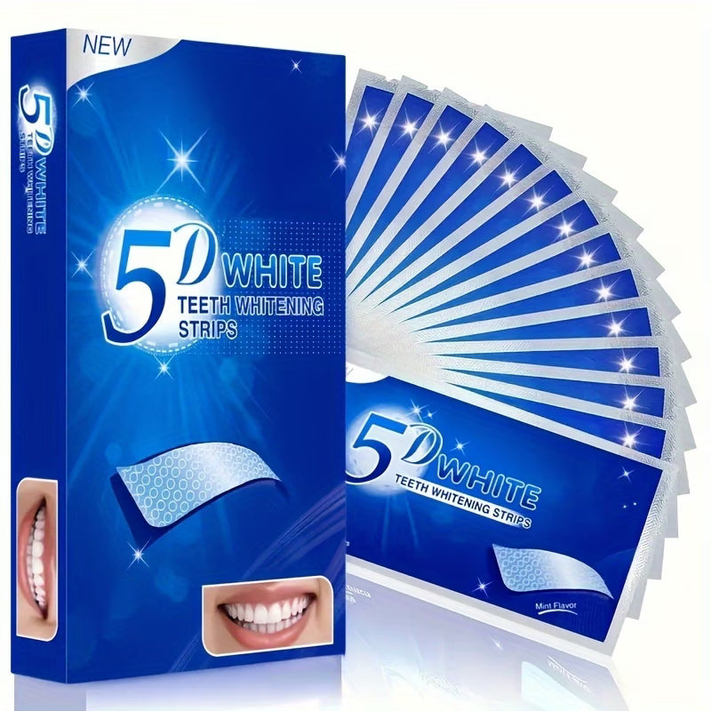 5D White Teeth Whitening Strips box with individual strip packets fanned out