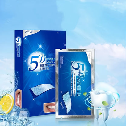 5D White Teeth Whitening Strips box and packet lifestyle shot with fresh citrus and ice