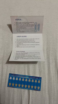 5D White Teeth Whitening Strips usage guide leaflet and professional teeth shade guide card