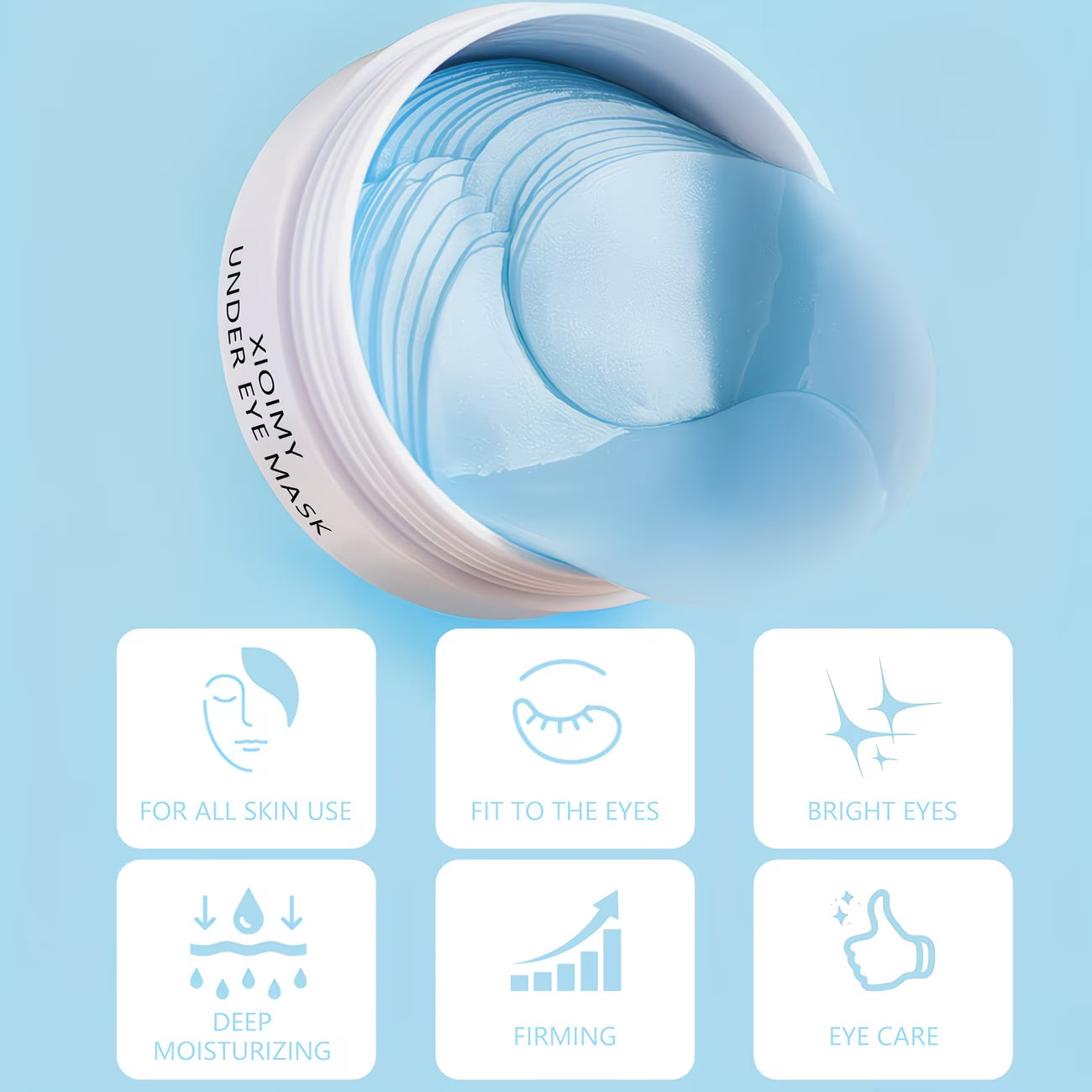 Top-down view of open Under Eye Mask jar with blue gel patches and six benefit icons: For All Skin Use, Fit to the Eyes, Bright Eyes, Deep Moisturising, Firming, and Eye Care