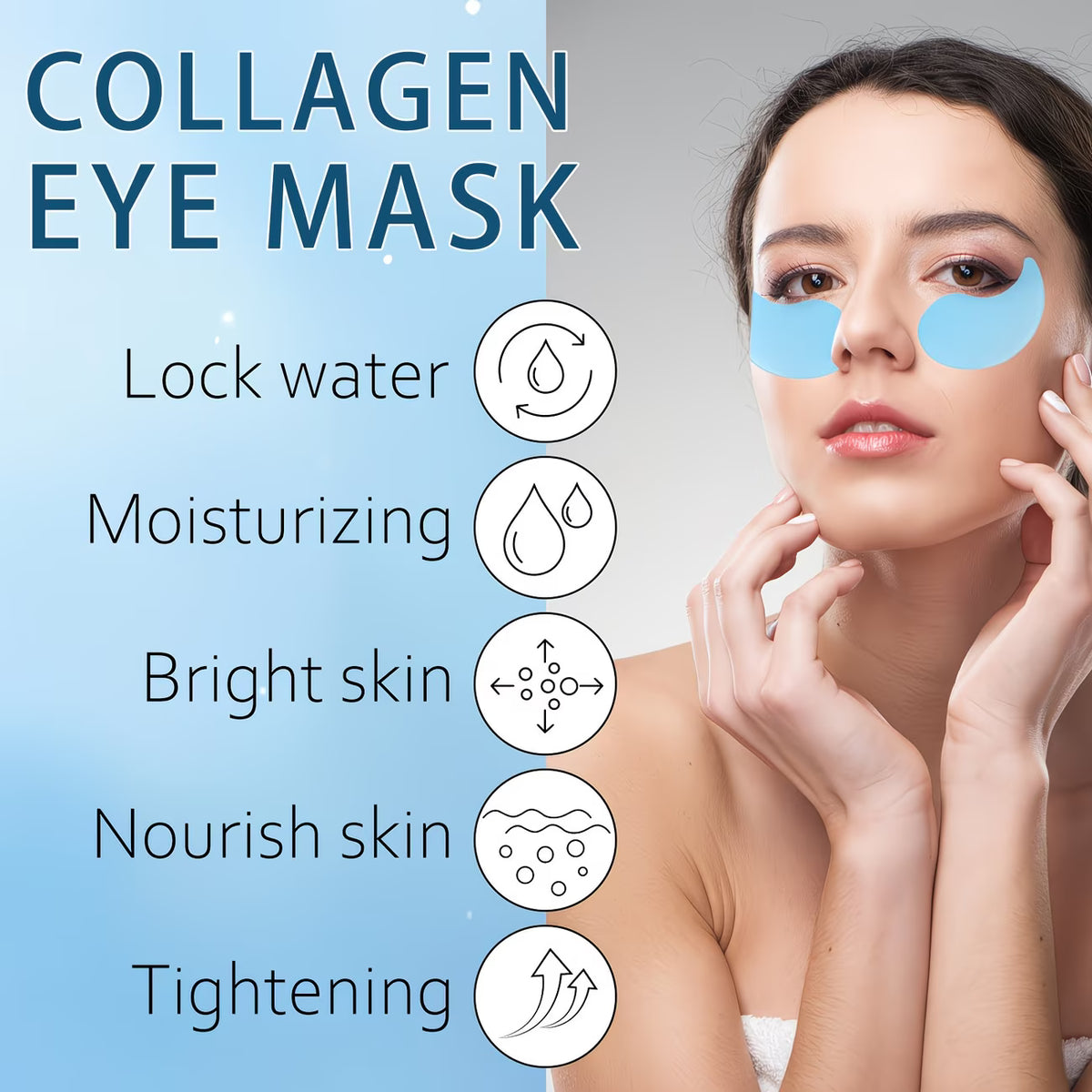 Woman wearing blue Collagen Eye Masks with five benefits listed: lock water, moisturising, bright skin, nourish skin, and tightening