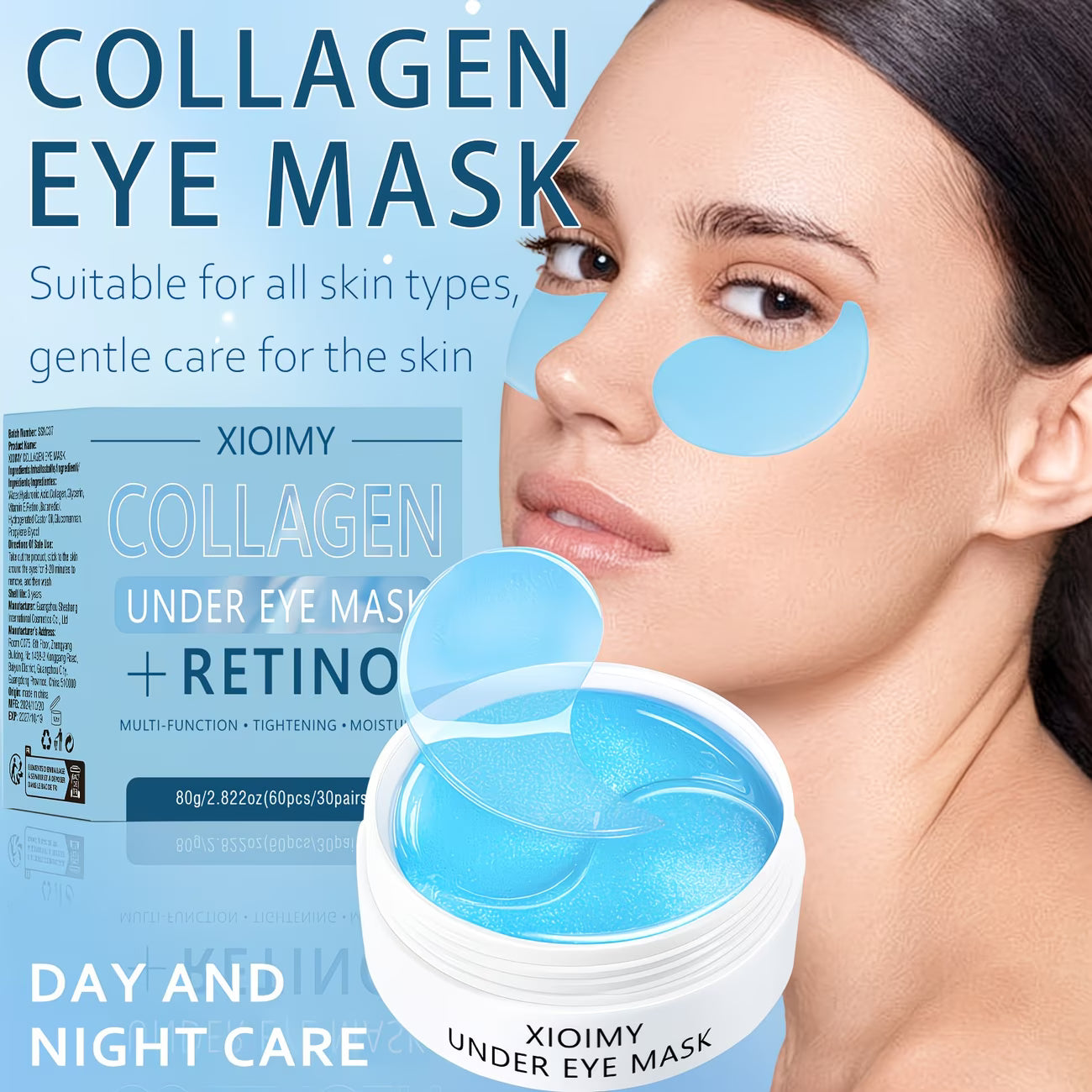 Three-step how-to-use guide for Collagen Eye Mask: Step 1 clean face, Step 2 apply under eyes for 8–20 minutes, Step 3 remove and massage to absorb essence