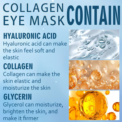 Infographic showing key ingredients in Collagen Eye Mask – Hyaluronic Acid for softness, Collagen for elasticity, and Glycerin for moisture and firmness