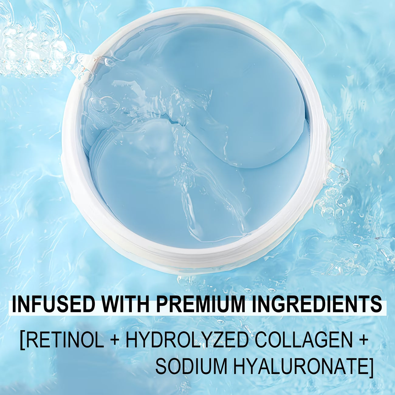 Open Under Eye Mask jar submerged in water, infused with premium ingredients Retinol, Hydrolyzed Collagen, and Sodium Hyaluronate