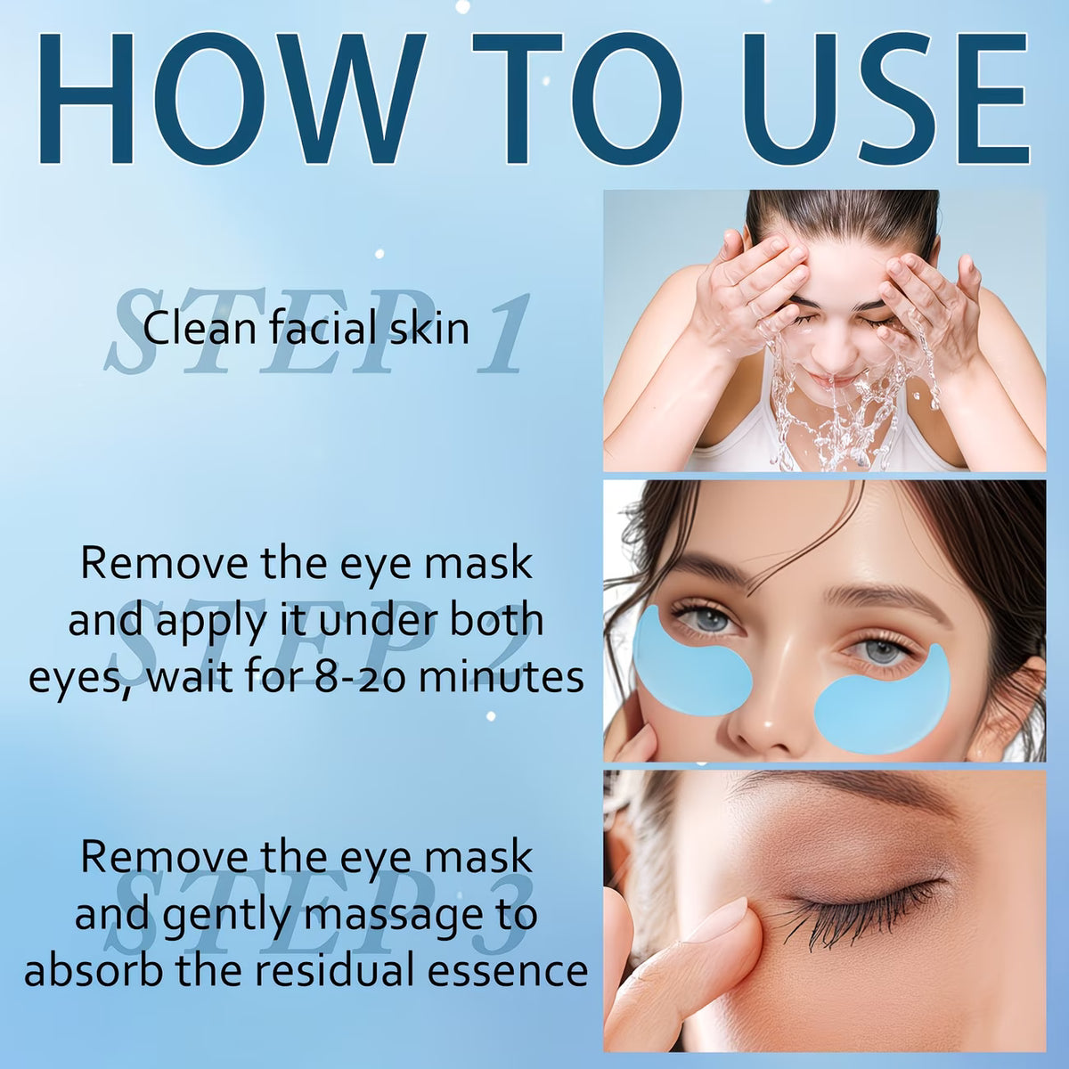 Instructions on how to use eye masks with step-by-step images and text