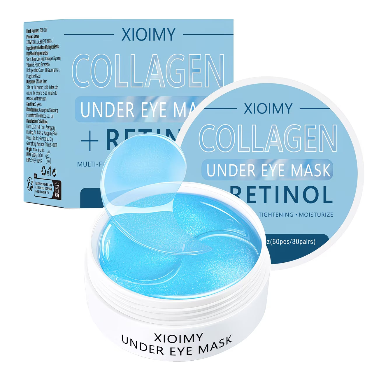 Collagen Under Eye Mask jar with open lid showing blue gel patches alongside product box, 60 pieces per jar