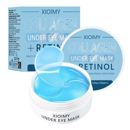 Collagen Under Eye Mask jar with open lid showing blue gel patches alongside product box, 60 pieces per jar