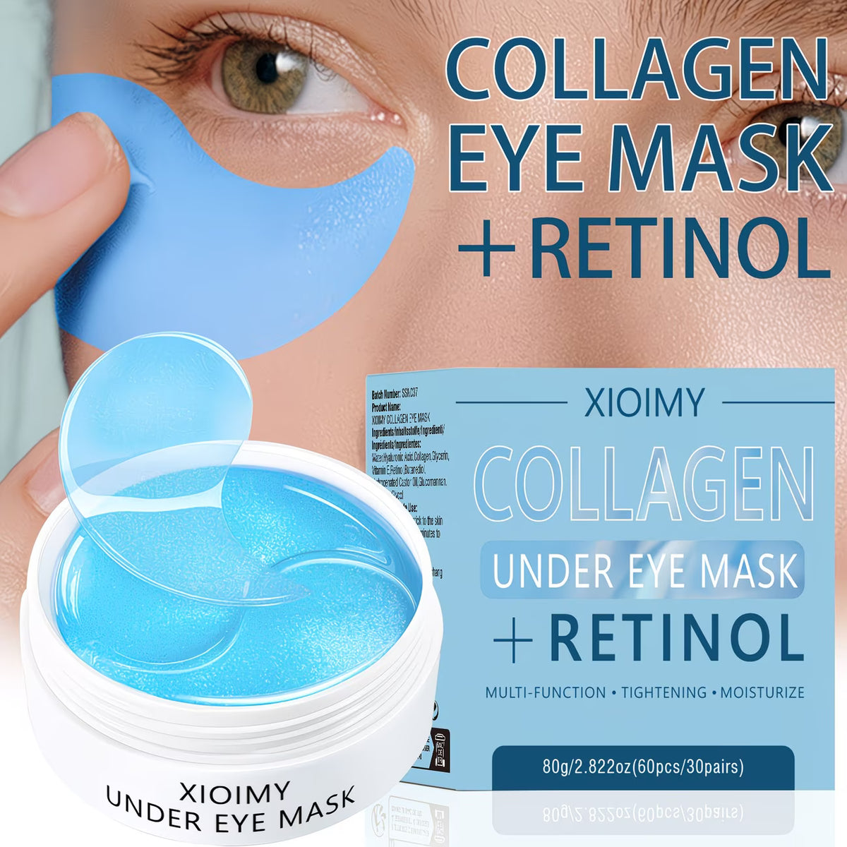 Woman applying a blue Collagen + Retinol Under Eye Mask with product jar and packaging on a light blue background