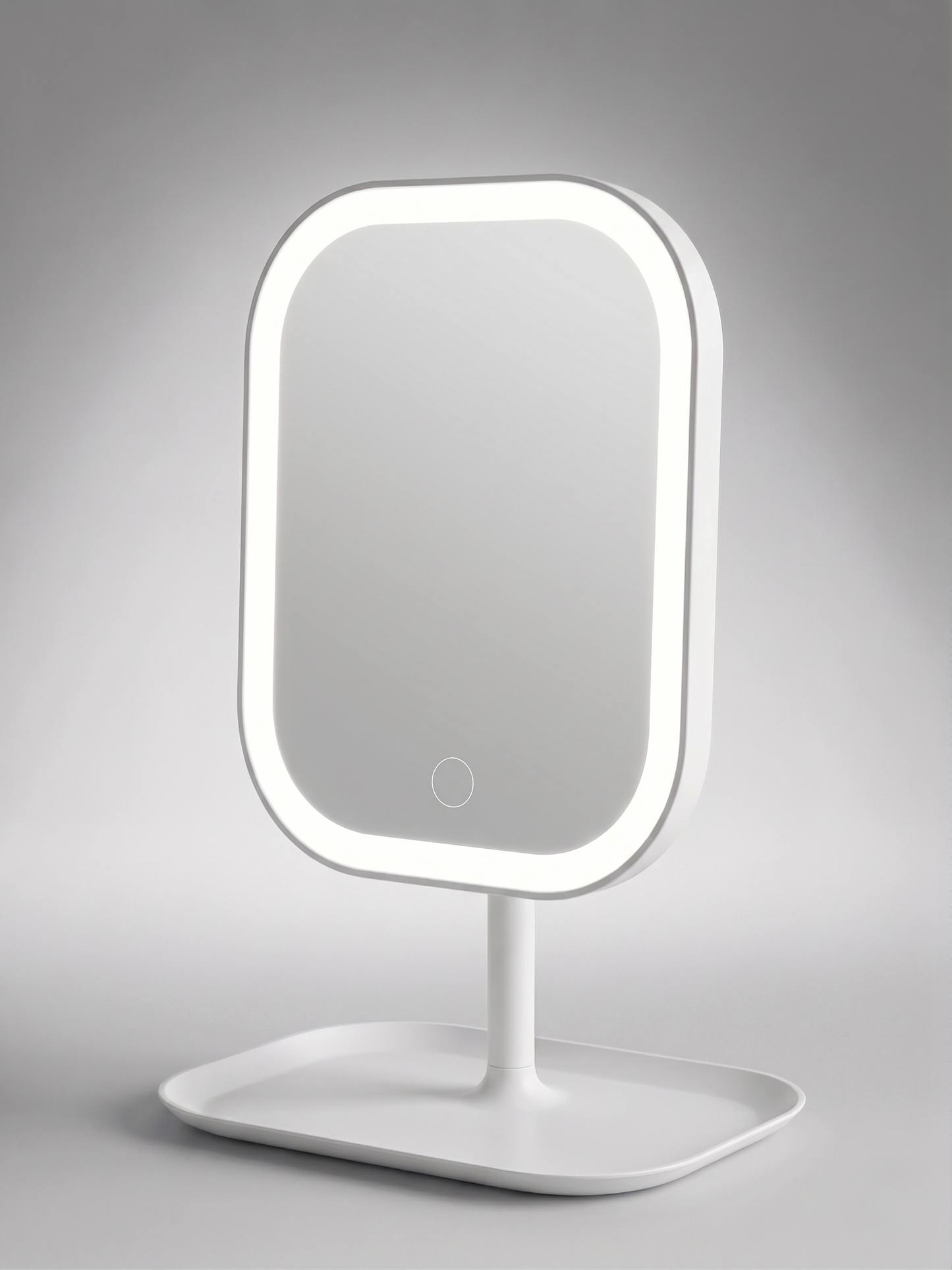 White LED makeup mirror with touch control button and rectangular storage tray base, illuminated against a grey background