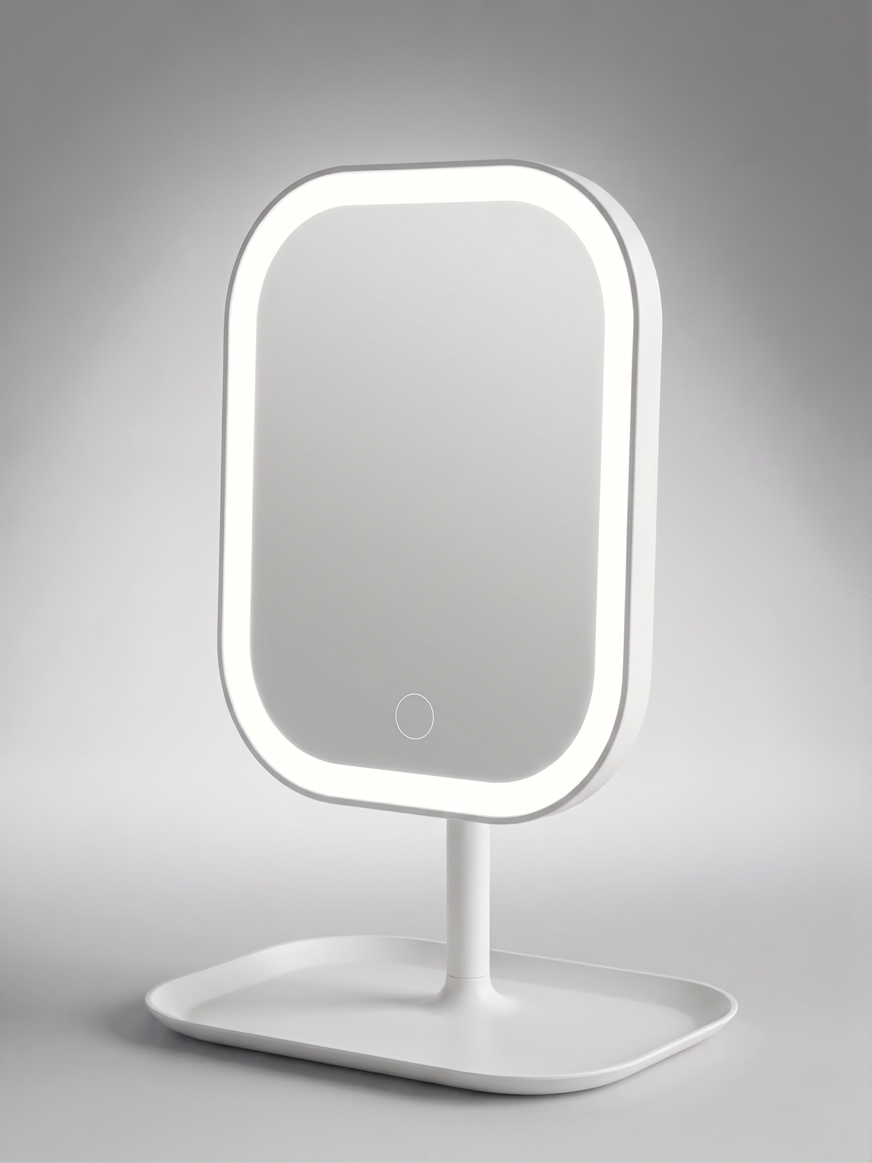 White LED makeup mirror with touch control button and rectangular storage tray base, illuminated against a grey background
