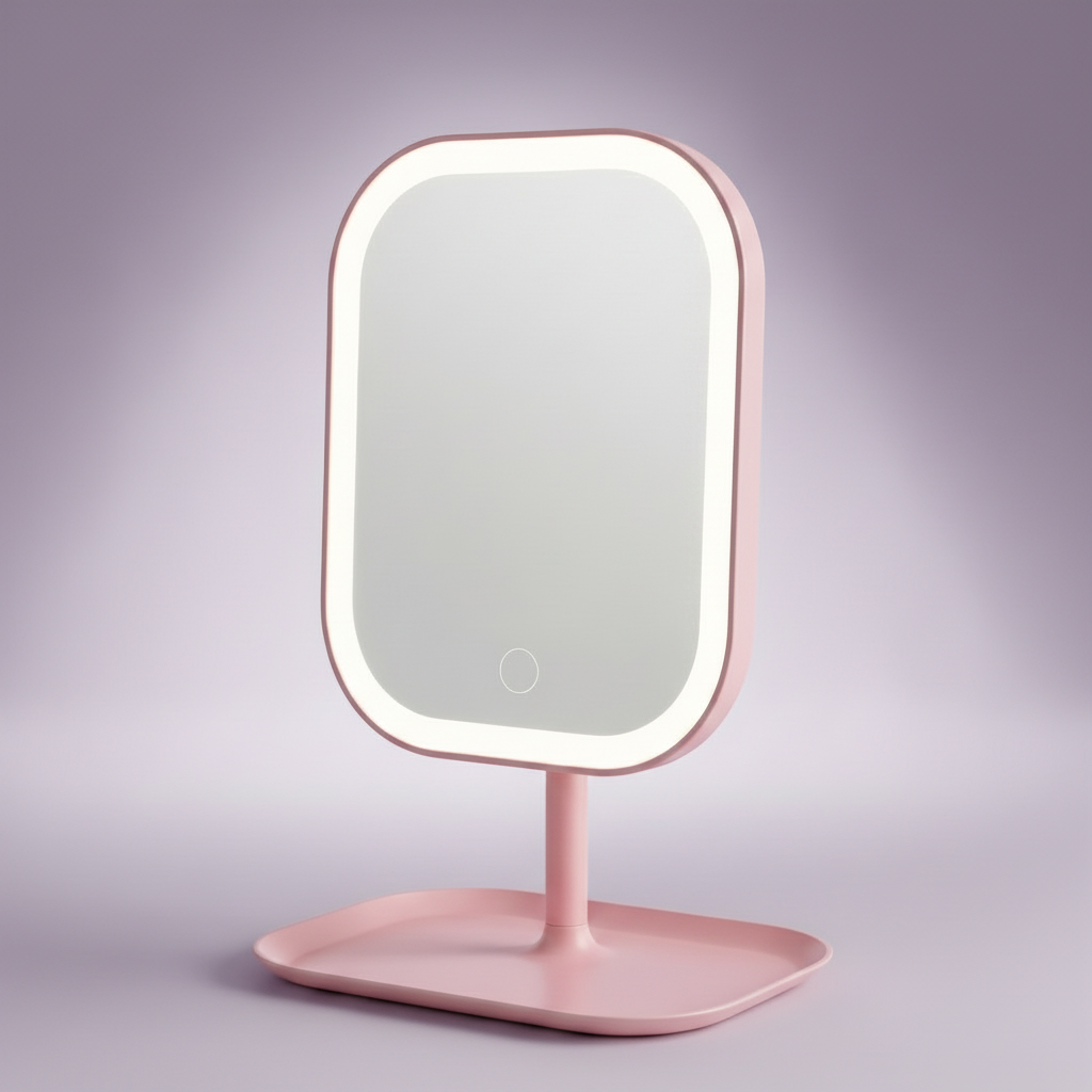 A pink vanity mirror with a rounded rectangular face, illuminated white LED border, and matching pink stand with a tray base, shown on a soft lavender studio background.