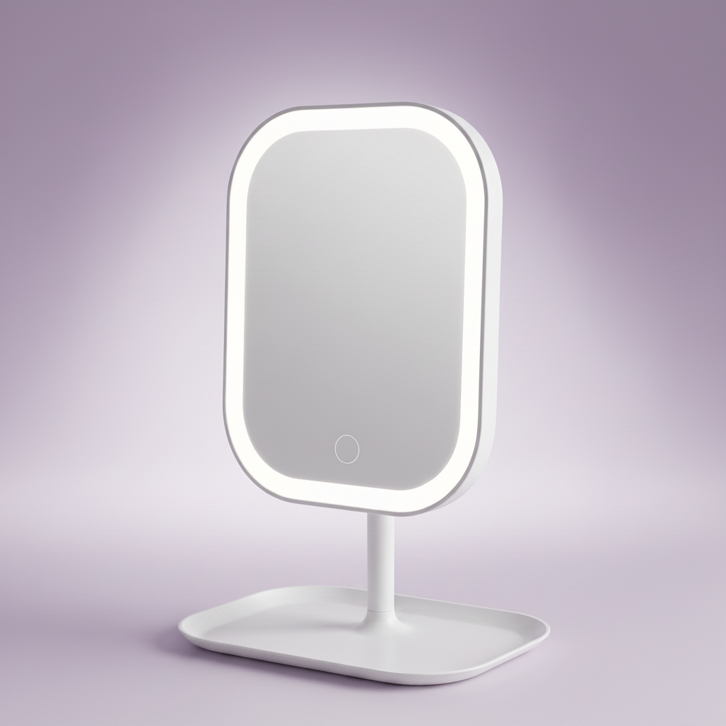 A modern white LED vanity mirror with an oval illuminated frame and a matching white pedestal stand, set against a soft lavender studio background.