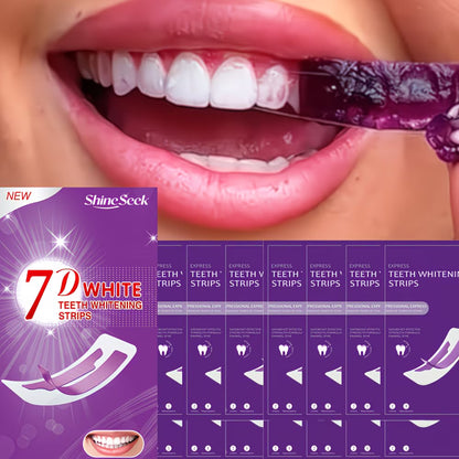 Teeth whitening strips packaging with a close-up of a mouth using the product.