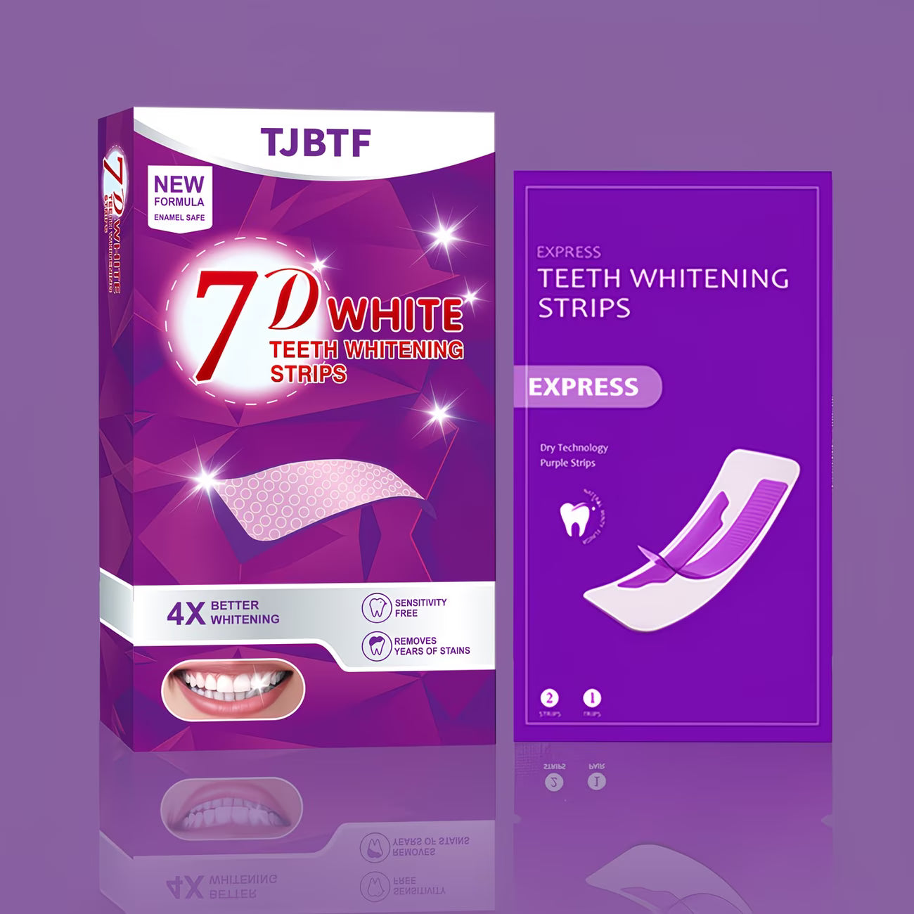 TJBTF 7D White Teeth Whitening Strips packaging shown on a purple background, with the retail box on the left and the individual strip packet on the right. The packaging is predominantly purple with white and red text, and an illustration of a whitening strip.