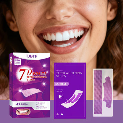 A close-up of a smiling woman's mouth and teeth with TJBF 7D White Teeth Whitening Strips products shown in front: a purple retail box, a purple product card, and two purple whitening strips on a white background.