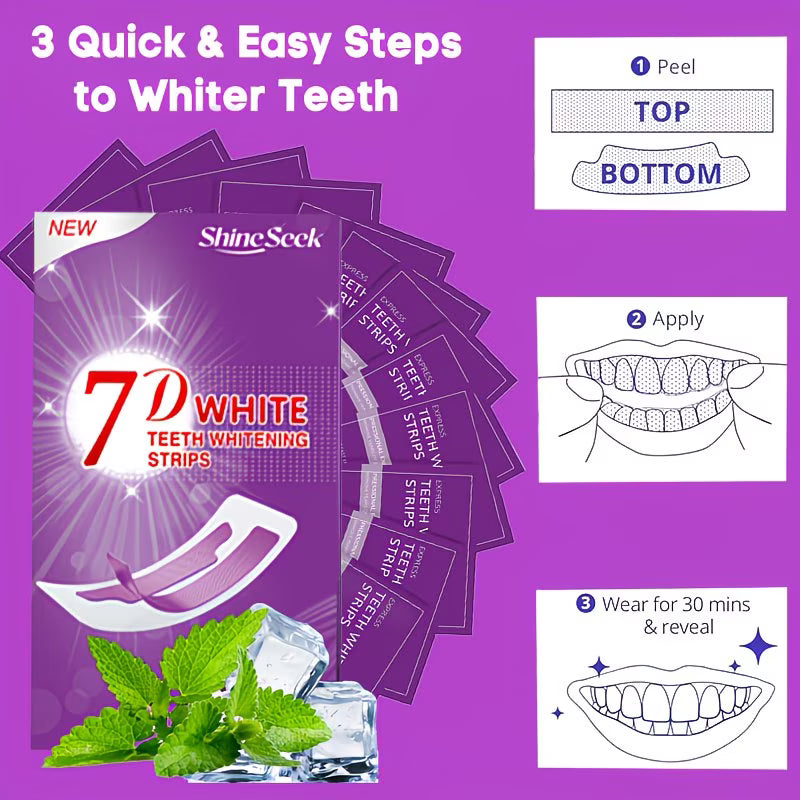 ShineSeek 7D White Teeth Whitening Strips packaging and application guide on a purple background, showing the box, several individual strips, mint leaves, ice cubes, and step-by-step instructions for peeling, applying, and wearing the strips.