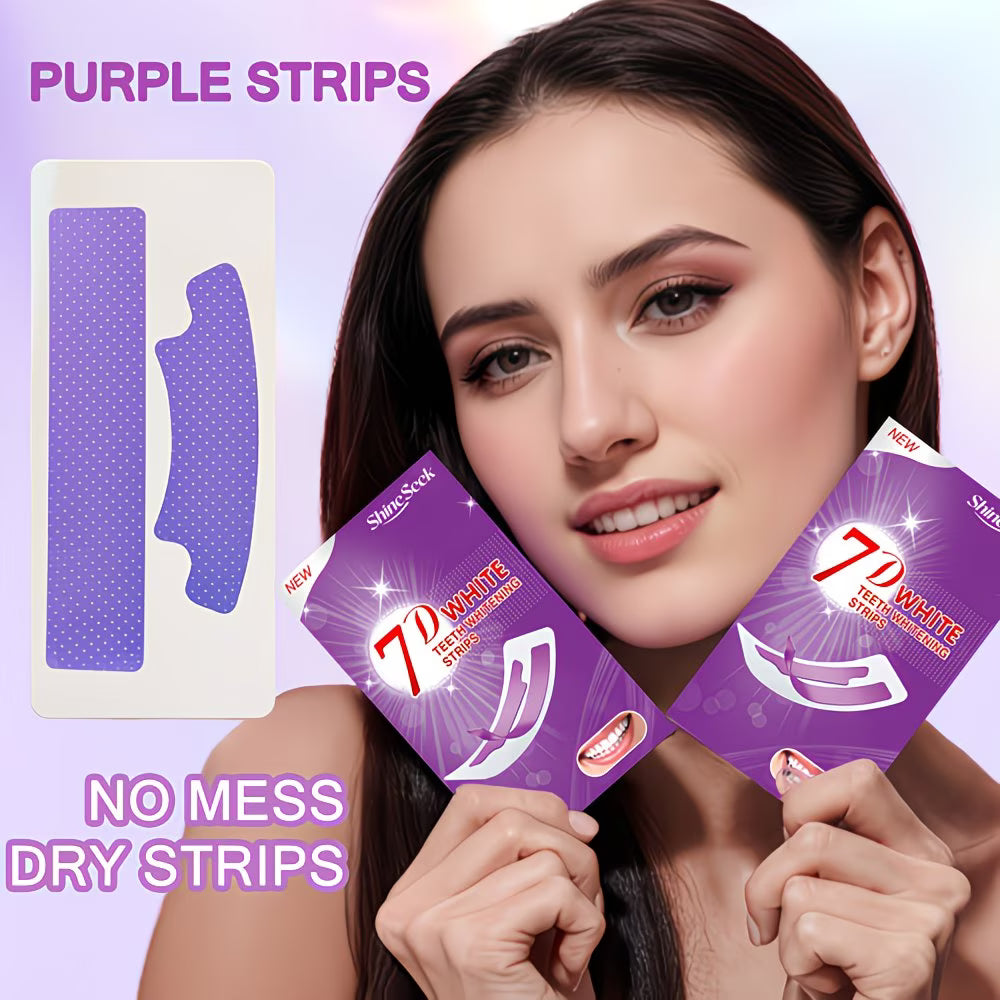 A woman holds two purple packets of Sins-Son 7D White Hair Restoration Mask strips, with two additional purple adhesive strips shown on a white backing on the left. Text overlays read 'PURPLE STRIPS' and 'NO MESS DRY STRIPS'.