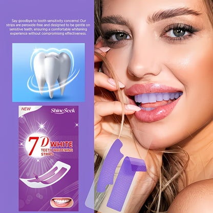 Teeth whitening strips packaging with a woman using them, showing a close-up of her face.